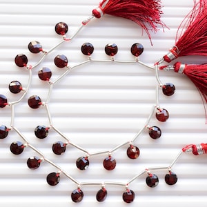 May include: A strand of red gemstone beads with silver spacers and two red tassels. The beads are round and faceted.