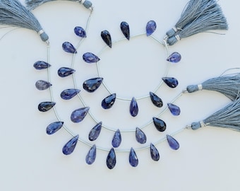 10 Pieces Iolite Drop Checker Cut Faceted Beads Natural Gemstone Side Drill Strand for Jewelry Making | 21x9 to 13.5x7 MM