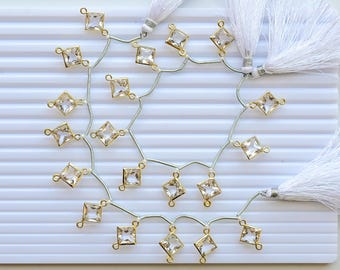 Conjunto de 10 peças de conectores com engaste em cristal de quartzo lapidação princesa quadrada, banhados a ouro, para confecção de joias | 12x13x6 mm