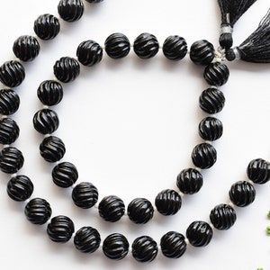 8 Inches Black Onyx Carved Ball Beads Natural Gemstone Carving Center Drill Beads Line Strand | Black Onyx Beads | 10x10 mm