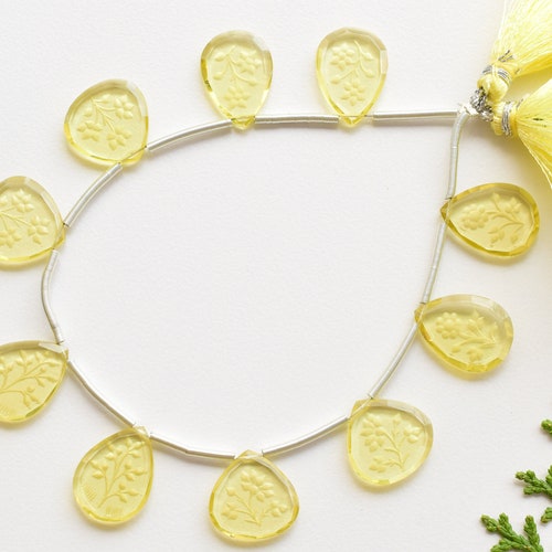 10 Pieces Lemon Quartz Back Carved Flat Cut Beads Natural Gemstone Carving Side Drill Beads Line Strand | 16x2.5 to 14x2.5 mm shops | Lemon Beads