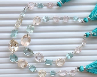 14 Pieces Aquamarine Morganite Faceted Mix Cut Beads Natural Gemstone Double Drill Beads Line Strand | 15x11x7 to 6x4x3 mm