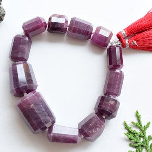 May include: A strand of purple gemstone beads with a faceted, rectangular shape. The beads are strung on a cord with red tassels at the end.
