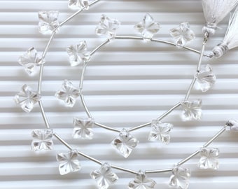10 Pieces Crystal Carved Four Petal Buff Top Flower Beads Natural Gemstone Side Drill Beads Line Strand | Clear Crystal Beads | 14x14x9 mm