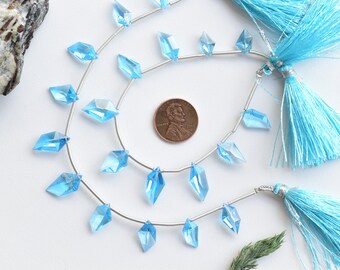 10 Pieces Blue Topaz Faceted Spindle Cut Stone Beads Natural Gemstone Side Drill Beads Strand For Jewelry Making | 17x9x5 to 13x7x4 MM
