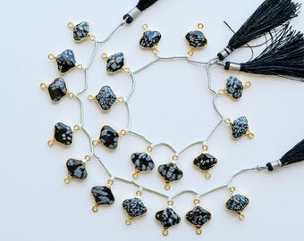 Conjunto de 10 peças de conectores com engaste em formato de fuso inclinado, corte rosa, obsidiana flocada, banhados a ouro | 14x15x5 a 12x13x4 mm