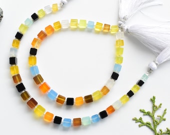 8インチ マルチオニキス ファセット キューブ ビーズ 天然宝石 センタードリル ビーズ ライン ストランド | 卸売マルチオニキス ビーズ | 6.5x6.5 から 4.5x4.5 mm