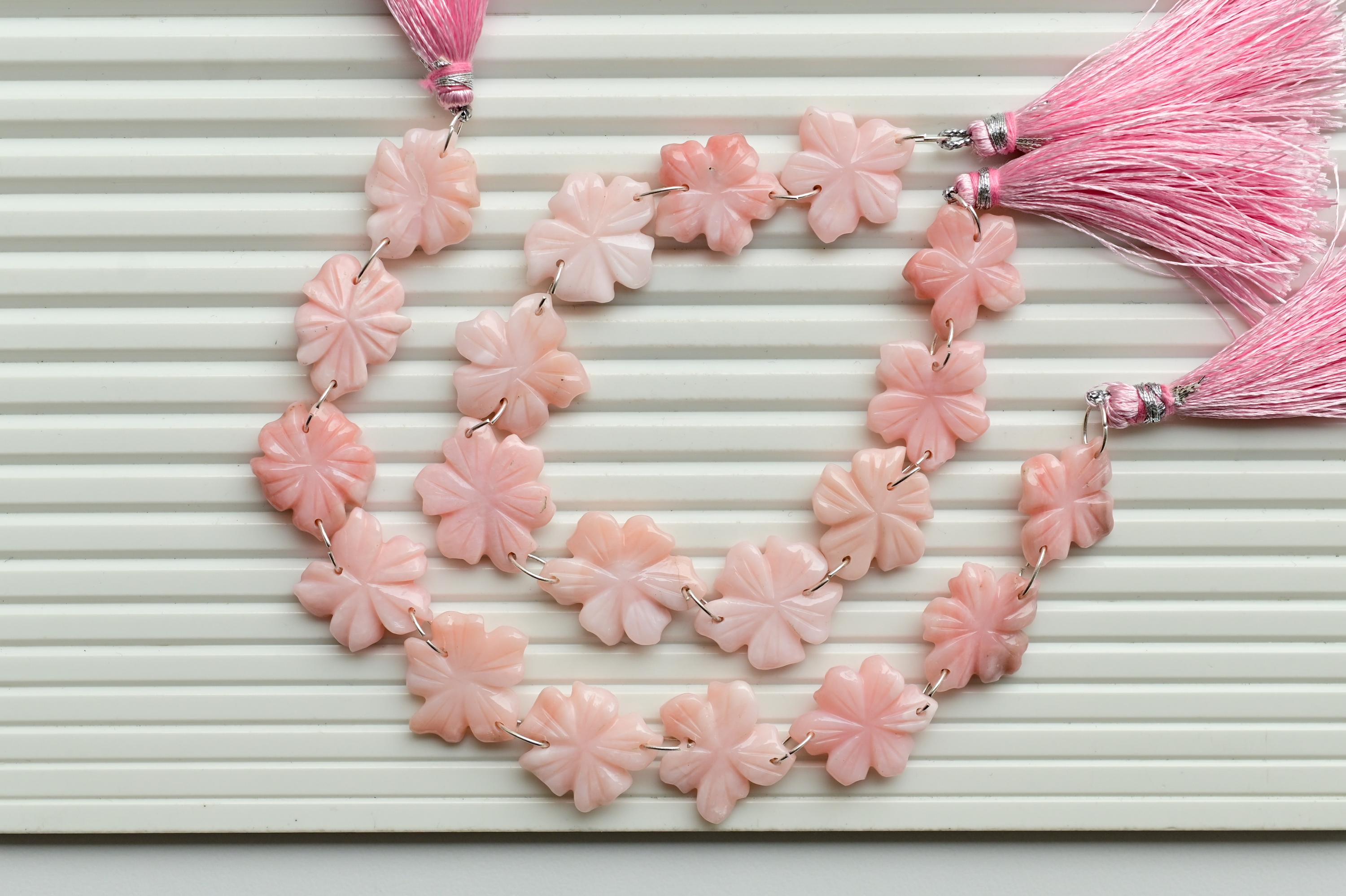 10 Pieces Pink Opal Carved Flower Beads Natural Gemstone Double