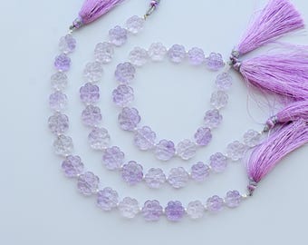 10 peças de contas redondas esculpidas em ametista rosa, formato de flor, pedra preciosa natural com furo passante para confecção de joias | 13,5x13x4 a 9x9x3 mm