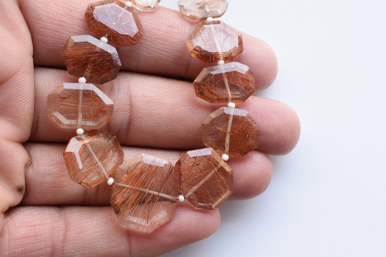 Rutile Beads 8.5 Inches Copper Rutile Quartz Faceted Crown Cut Center Drill Natural Gemstone Beads Strand 17.5x20x3 to 7.5x9.5x2 mm