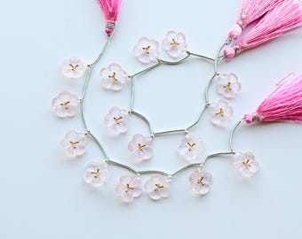 Conjunto de 8 peças de quartzo rosa esculpido em formato de flor com filamentos banhados a ouro 18K no centro | Qyartz para confecção de joias | 14x14x6 a 13x13x5 mm