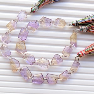 10 Pieces Ametrine Back Carved Geometrical Crown Cut Beads Natural Gemstone Double Drill Beads Line | Ametrine Beads | 15x9x3 to 9x9x3 mm