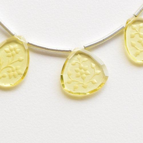 10 Pieces Lemon Quartz Back Carved Flat Cut Beads Natural Gemstone Carving Side Drill Beads Line Strand | 16x12x2 to shops 14x2 mm | Lemon Beads
