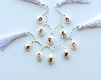 Conjunto de 5 peças de pérolas barrocas de água doce com granada rodolita, engastadas em ouro vermeil 18K com diâmetro interno de 4 mm | Faça Você Mesmo | 14x10x9 a 11x10x9 mm