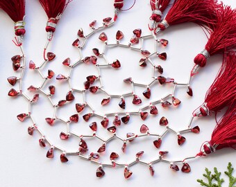 May include: A strand of red gemstone beads with silver spacers. The beads are triangular in shape and have a faceted finish. The strand is strung on a silver wire and has a tassel on each end.