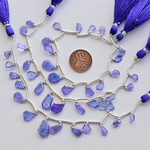 Könnte beinhalten: Eine Kette aus blauen Edelsteinperlen mit silbernen Verbindungselementen und violetten Quasten. Die Perlen sind facettiert und haben verschiedene Formen. Die Kette ist etwa 45 cm lang.