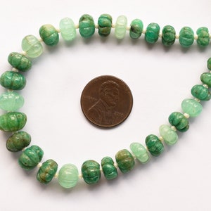 8 Inches Emerald Carved Melon Beads Natural Gemstone Center Drill Beads Strand | 6.5x10.5 to 4.5x6.5 MM | Emerald For Jewelry