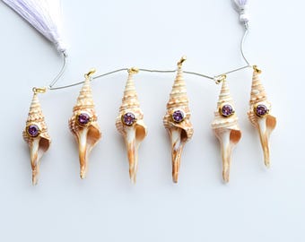 Conjunto de 6 pingentes de concha natural Turritella Spire com incrustações de ametista, banhados a ouro e prata com gancho | 64x18x18 a 50x16x16 mm