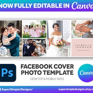 Canva Fully Editable Facebook Cover Photo Photoshop Template. For Photography Business and Photographers. Editable Adobe Photoshop, and Canva Template. Quick Edit and Upload for new seasonal bookings. Stylish Bold Design. supersimpledesigns.etsy.com