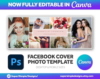 Canva Facebook カバー写真テンプレート (デスクトップとモバイル用)、写真ビジネス カバー画像バナー、完全に編集可能な Photoshop PSD