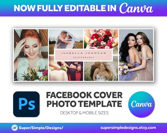Canva Facebook Cover Photo Template for Photographers Desktop & Mobile, Photography Business Cover Image Banner Fully Editable Photoshop PSD