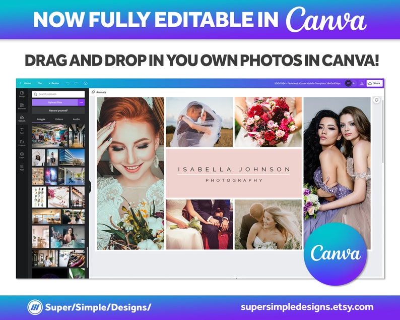 Canva Fully Editable Facebook Cover Photo Photoshop Template. For Photography Business and Photographers. Editable Adobe Photoshop, and Canva Template. Quick Edit and Upload for new seasonal bookings. Stylish Bold Design. supersimpledesigns.etsy.com