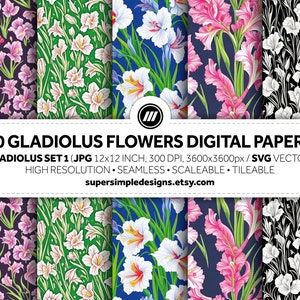 May include: A set of 50 digital papers featuring various patterns of gladiolus flowers. The patterns include pink, white, and black gladiolus flowers on a variety of backgrounds. The papers are high resolution, seamless, scalable, and tileable.  "GLADIOLUS SET 1 (JPG 12x12 INCH, 300 DPI, 3600x3600px/SVG VECTOR) HIGH RESOLUTION SEAMLESS SCALEABLE TILEABLE supersimpledesigns.etsy.com"