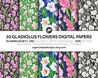 Elegant Gladiolus: Set 1 of Gladiolus Floral Harmony. Enchanting beauty of gladiolus flowers with 50 digital papers in JPG & SVG format
