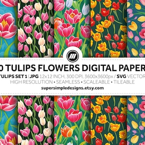 Tulip Harmony: Set 1 of Floral Elegance. 50 digital papers for artistic expression, showcasing delicate tulip-inspired patterns in JPG & SVG