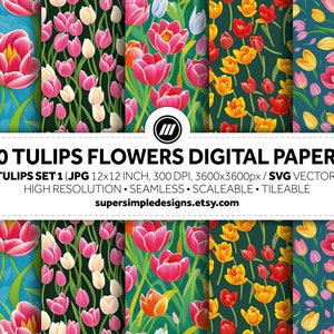 Tulip Harmony: Set 1 of Floral Elegance. 50 digital papers for artistic expression, showcasing delicate tulip-inspired patterns in JPG & SVG