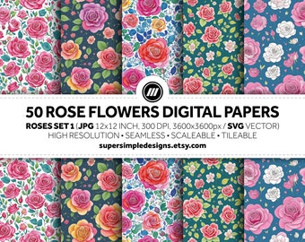 エンチャンテッド ローズ ガーデン: ローズ フラワー セット 1、美しさと創造性を呼び起こす芸術的な冒険のための 50 枚の繊細なローズ デジタル ペーパー。JPG および SVG
