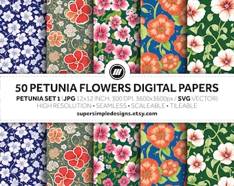美しいペチュニアのパターン: 50 種類以上のペチュニアの花のデジタル ペーパーのセット 1。シームレスなペチュニアの花のパターンの魅惑的な美しさ JPG および SVG 形式