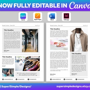 Canva Newsletter Single and Double Page Template | 8.5x11, 5.5x8.5, A4 and A5 Printable Sizes | Fully Editable Canva, Pages, Word, InDesign. US Letter, 8.5x11, 5.5x8.5, A5 and A5 Sizes. 17x11 Sheet, 8.5x11 Sheet. https://supersimpledesigns.etsy.com