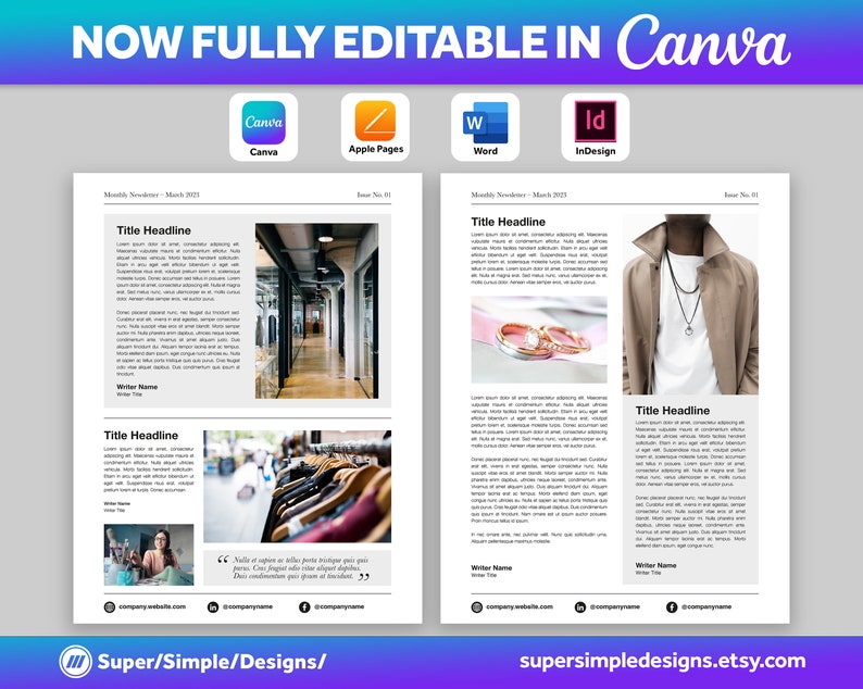 Canva Newsletter Single and Double Page Template | 8.5x11, 5.5x8.5, A4 and A5 Printable Sizes | Fully Editable Canva, Pages, Word, InDesign. US Letter, 8.5x11, 5.5x8.5, A5 and A5 Sizes. 17x11 Sheet, 8.5x11 Sheet. https://supersimpledesigns.etsy.com