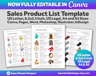 Canva 印刷可能な製品価格表、印刷可能な卸売カタログ テンプレート | 8.5x5.5、US レター、US リーガル、A4 および A5 | Canva、Word、Psd など