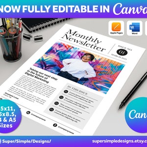 Canva Newsletter Single and Double Page Template | 8.5x11, 5.5x8.5, A4 and A5 Printable Sizes | Fully Editable Canva, Pages, Word, InDesign. US Letter, 8.5x11, 5.5x8.5, A5 and A5 Sizes. 17x11 Sheet, 8.5x11 Sheet. https://supersimpledesigns.etsy.com