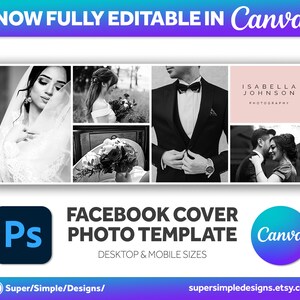 Canva Fully Editable Facebook Cover Photo Photoshop Template. For Photography Business and Photographers. Editable Adobe Photoshop, and Canva Template. Quick Edit and Upload for new seasonal bookings. Stylish Bold Design. supersimpledesigns.etsy.com