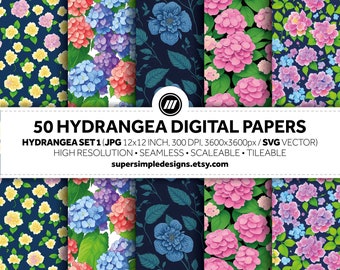 アジサイのハーモニー: 花の静けさのセット 1。50 枚のデジタル ペーパー JPG/SVG で、アジサイの花の魅惑的な美しさに浸りましょう。