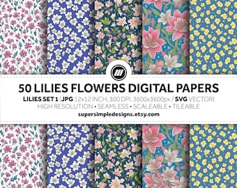 Lily Serenity: Set 1 von Lily Enchantments. 50 digitale Papiere für künstlerischen Ausdruck mit zarten floralen Mustern im JPG- und SVG-Format