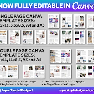 Canva Newsletter Single and Double Page Template | 8.5x11, 5.5x8.5, A4 and A5 Printable Sizes | Fully Editable Canva, Pages, Word, InDesign. US Letter, 8.5x11, 5.5x8.5, A5 and A5 Sizes. 17x11 Sheet, 8.5x11 Sheet. https://supersimpledesigns.etsy.com