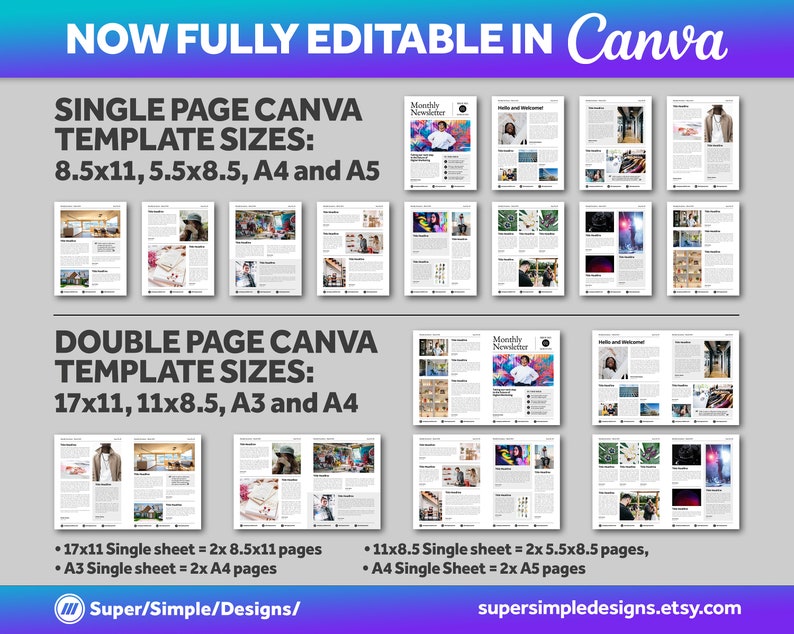 Canva Newsletter Single and Double Page Template | 8.5x11, 5.5x8.5, A4 and A5 Printable Sizes | Fully Editable Canva, Pages, Word, InDesign. US Letter, 8.5x11, 5.5x8.5, A5 and A5 Sizes. 17x11 Sheet, 8.5x11 Sheet. https://supersimpledesigns.etsy.com