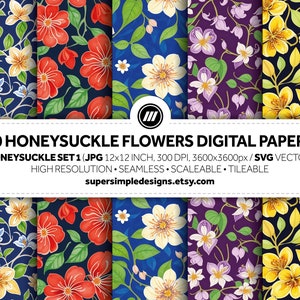 Könnte beinhalten: 50 digitale Papiere mit Geißblatt-Blumen in verschiedenen Farben und Mustern. Die Papiere sind 12x12 Zoll groß, 300 DPI und 3600x3600 Pixel. Sie sind hochauflösend, nahtlos, skalierbar und kachelbar. Die Papiere sind in den Formaten JPG und SVG verfügbar.
