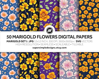マジカル マリーゴールド: マリーゴールド フローラル ブリスのセット 1。JPG および SVG 形式の 50 枚のデジタル ペーパーでマリーゴールドの花の魅力に浸りましょう。