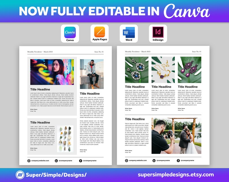 Canva Newsletter Single and Double Page Template | 8.5x11, 5.5x8.5, A4 and A5 Printable Sizes | Fully Editable Canva, Pages, Word, InDesign. US Letter, 8.5x11, 5.5x8.5, A5 and A5 Sizes. 17x11 Sheet, 8.5x11 Sheet. https://supersimpledesigns.etsy.com