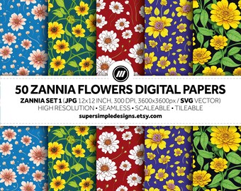 ジニア ハーモニー: ザニア フローラル ブリスのセット 1。JPG と SVG の 50 枚のデジタル ペーパーで、ザニアの花の魅惑的な美しさに浸りましょう。