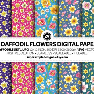 May include: 50 digital papers featuring a seamless pattern of yellow daffodil flowers with green leaves on various colored backgrounds, including purple, pink, blue, and green. The text "50 DAFFODIL FLOWERS DIGITAL PAPERS" is at the top of the image. The text "DAFFODILS SET 1 (JPG 12x12 INCH, 300 DPI, 3600x3600px/SVG VECTOR)" is below the title. The text "HIGH RESOLUTION SEAMLESS SCALEABLE TILEABLE" is below the previous text. The text "supersimpledesigns.etsy.com" is at the bottom of the image.