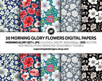 輝く朝顔のパターン: 50 種類以上の朝顔の花のデジタル ペーパーのセット 1。JPG と SVG で描かれた魅惑的な朝顔の花の美しさ