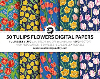 Tulip Serenity: Set 1 von Tulip Flowers. 50 digitale Papiere, die die heitere und fesselnde Schönheit von Tulpenblumen zeigen. Nahtlose JPG und SVG