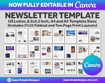 Canva 折り込みチラシ スタイルのニュースレター | ミックス アンド マッチ テンプレート | クロス折り、見開き、単一ページ | 5.5x8.5 インチ、US レター、A5 および A4 サイズ