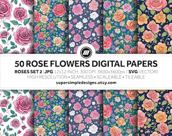 Rose Petal Dreams: バラの花セット 2、芸術作品のための時代を超えたデジタル ペーパー 50 枚。繊細な花のシームレスなタイル パターン JPG/SVG